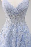 Lavanda A Line Spaghetti Straps Tul Vestido de Fiesta Largo con Cuentas con Abertura