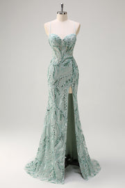 Vestido de fiesta largo salvia brillante con lentejuelas y abertura