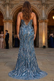 Sirena brillante con lentejuelas de encaje en la espalda Vestido largo de graduación de talla grande con abertura