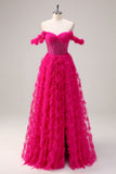 Vestido de fiesta largo con corsé largo de línea A fucsia con hombros descubiertos y abalorios