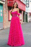 Vestido de fiesta largo con corsé largo con hombros cruzados en línea A fucsia con abalorios