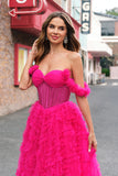 Vestido de fiesta largo con corsé largo con hombros cruzados en línea A fucsia con abalorios