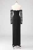 Corsé de vaina negro Vestido formal de encaje con hombros descubiertos y mangas largas