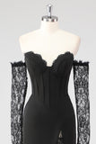 Corsé de vaina negro Vestido formal de encaje con hombros descubiertos y mangas largas