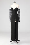 Corsé de vaina negro Vestido formal de encaje con hombros descubiertos y mangas largas