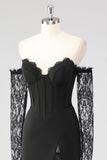 Corsé de vaina negro Vestido formal de encaje con hombros descubiertos y mangas largas