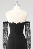 Corsé de vaina negro Vestido formal de encaje con hombros descubiertos y mangas largas
