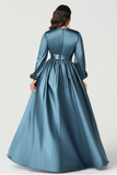 Vestido de Madre de Novia Madre de Novia con Escote en V Azul Gris y Manga Larga