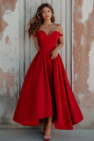 Vestido formal rojo con hombros descubiertos Una línea