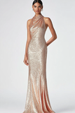 Champagne halter sirena lentejuelas vestido formal