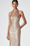 Champagne halter sirena lentejuelas vestido formal