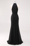 Vestido formal largo sirena con volantes negros con cuello halter y abertura