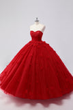 Vestido de fiesta rojo brillante Vestido de quinceañera de tul sin tirantes con apliques de flores