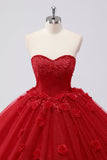 Vestido de fiesta rojo brillante Vestido de quinceañera de tul sin tirantes con apliques de flores