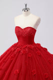 Vestido de fiesta rojo brillante Vestido de quinceañera de tul sin tirantes con apliques de flores