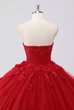 Vestido de fiesta rojo brillante Vestido de quinceañera de tul sin tirantes con apliques de flores