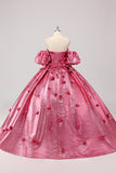 Princesa Fucsia Vestido de Fiesta Con Hombros Descubiertos Mangas Abullonadas Vestido de Quinceañera con Flores 3D