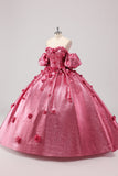 Princesa Fucsia Vestido de Fiesta Con Hombros Descubiertos Mangas Abullonadas Vestido de Quinceañera con Flores 3D