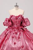 Princesa Fucsia Vestido de Fiesta Con Hombros Descubiertos Mangas Abullonadas Vestido de Quinceañera con Flores 3D