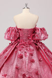 Princesa Fucsia Vestido de Fiesta Con Hombros Descubiertos Mangas Abullonadas Vestido de Quinceañera con Flores 3D