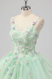 Vestido de Fiesta Verde Princesa Tirantes de Espagueti Vestido de Quinceañera de Tul con Apliques de Flores 3D