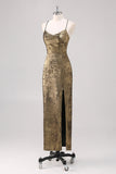Vestido formal con vaina de tirantes de espagueti dorados negros con abertura