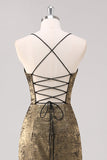 Vestido formal con vaina de tirantes de espagueti dorados negros con abertura