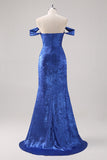 Vestido formal largo de satén azul real con hombros descubiertos y mangas desmontables