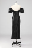 Vestido formal negro con hombros descubiertos y abalorios