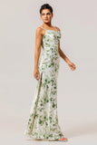 Vestido de dama de honor con cuello vuelto floral verde y abertura