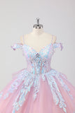 Vestido de quinceañera de tul con lentejuelas de tul Princess Blush Pink Off the Shoulder
