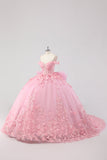 Vestido de fiesta rosa de la princesa Blush con hombros descubiertos Vestido de quinceañera de tul de mariposa con lazo