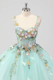Vestido de Fiesta Princesa Mint Tirantes Espagueti Tul Vestido de Quinceañera con Apliques de Flores