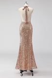 Glitter Champagne Sirena Halter Espalda Abierta Vestido de Fiesta Largo con Lentejas