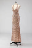 Glitter Champagne Sirena Halter Espalda Abierta Vestido de Fiesta Largo con Lentejas