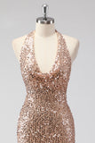 Glitter Champagne Sirena Halter Espalda Abierta Vestido de Fiesta Largo con Lentejas