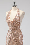 Glitter Champagne Sirena Halter Espalda Abierta Vestido de Fiesta Largo con Lentejas