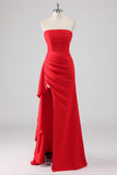 Vestido formal de vaina fruncido rojo con abertura