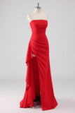 Vestido formal de vaina fruncido rojo con abertura