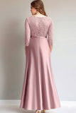 Vestido de Madre de la Novia de Manga Larga Fruncido de Encaje Rosa