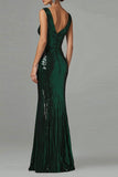 Vestido formal plisado de lentejuelas con escote en V sirena verde oscuro