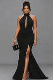 Vestido formal de satén de talla grande con ojo de cerradura de sirena negra y abertura