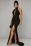 Vestido formal de satén de talla grande con ojo de cerradura de sirena negra y abertura