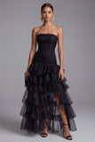 Vestido formal con volantes escalonados de tul sin tirantes negro
