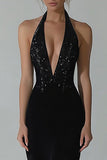 Vestido formal de sirena halter negro con abertura