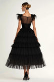 Negro A Línea A Mangas planas Volantes Tulle Vestido formal largo té