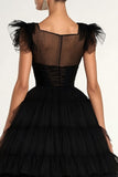 Negro A Línea A Mangas planas Volantes Tulle Vestido formal largo té