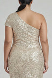 Vestido formal de talla más y un hombro con champán brillante y lentejuelas