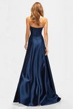 Vestido formal brillante de satén azul marino con cuentas azul marino A Line Sweetheart con abertura