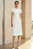 Vestido formal midi lápiz recto ajustado con cuello redondo blanco